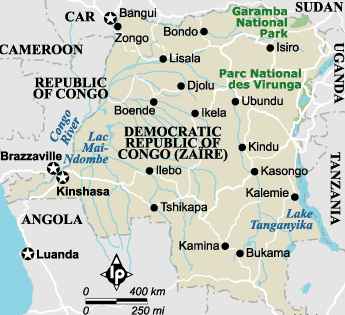 Bukavu ligt op de grens naar Rwanda ten N.O. van Kindu