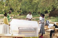 demonstratie met een anti-malaria-net
