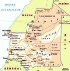 kaart van Mauritanië.De hoofdstad Nouakchott ligt aan de westkust.