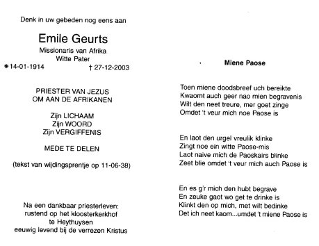 Gedachtenisprentje Miel Geurts