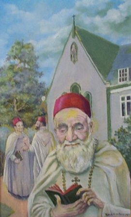 Witte Paters in hun kledij vr het oude S.Charles te Boxtel.